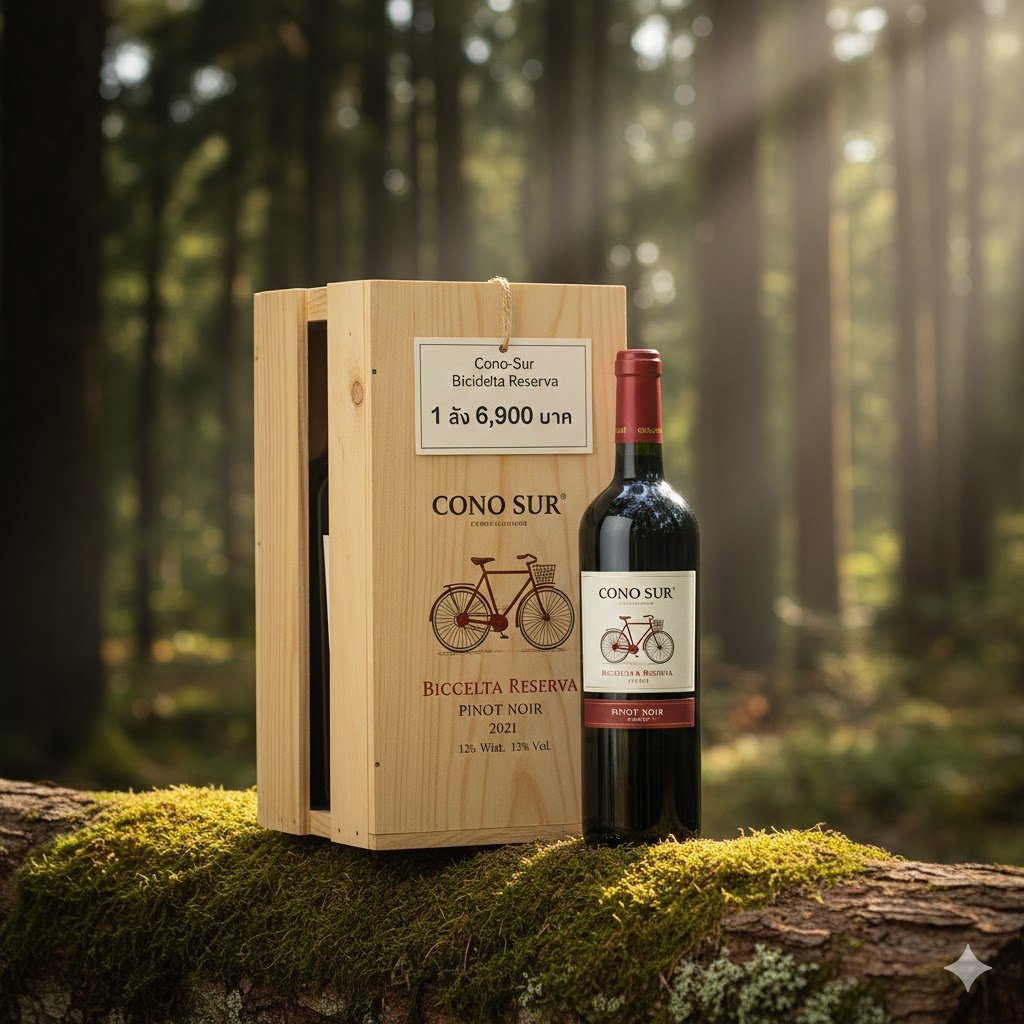 ขวดไวน์แดง Cono Sur Bicicleta Pinot Noir 2021 วางบนท่อนไม้ในป่าสีเขียว พร้อมกล่องไม้บรรจุ 1 ลัง