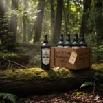 ขวดวิสกี้ Cutty Sark Prohibition ขนาด 1 ลิตร และแบบยกลัง 12 ขวด วางบนขอนไม้ในป่าธรรมชาติ