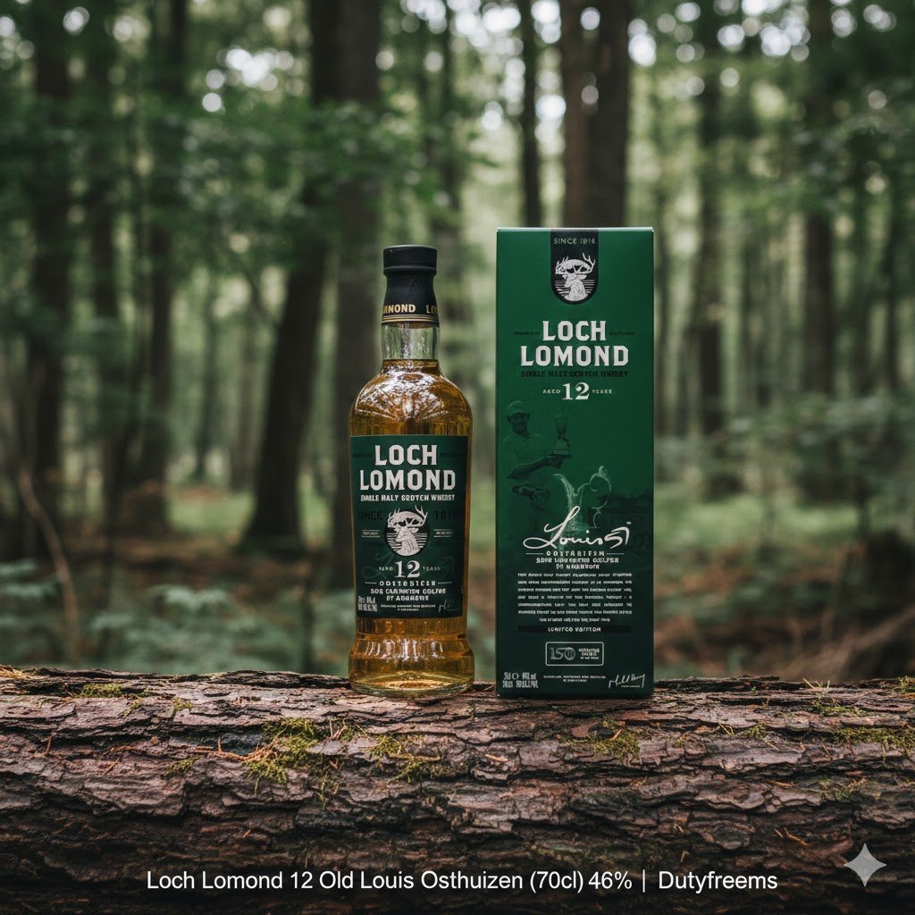 ขวดวิสกี้ Loch Lomond 12 Years Old Louis Oosthuizen และกล่องบรรจุภัณฑ์ ตั้งอยู่บนขอนไม้ในป่าธรรมชาติ