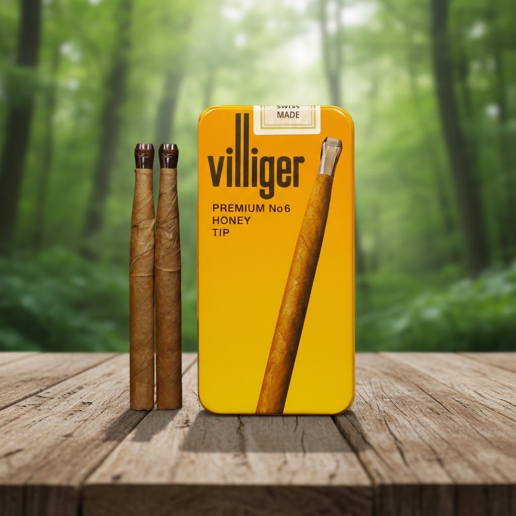 ซิการ์ Villiger Premium No.6 Honey Tip กล่องเหล็กสีเหลืองทอง วางคู่กับตัวมวนซิการ์ใบยาสูบธรรมชาติบนโต๊ะไม้