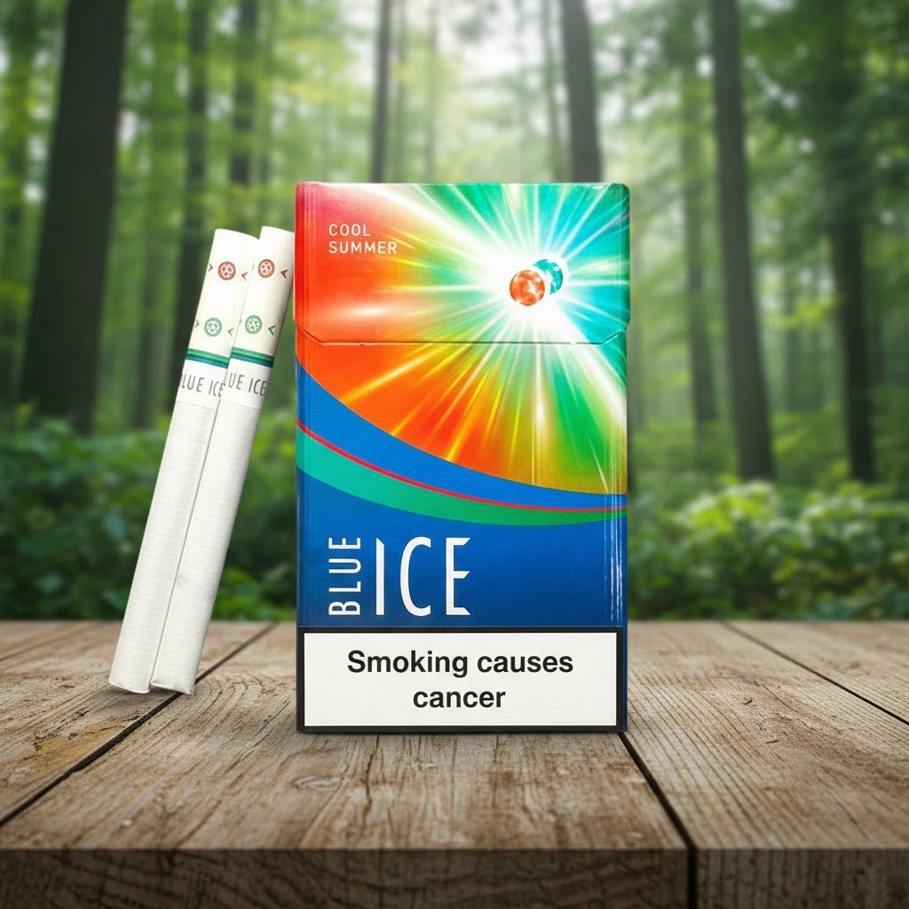 บุหรี่ Blue Ice Double Blast Cool Summer กล่องสีรุ้งสดใส วางคู่กับมวนบุหรี่บนโต๊ะไม้ ฉากหลังเป็นป่าสีเขียว