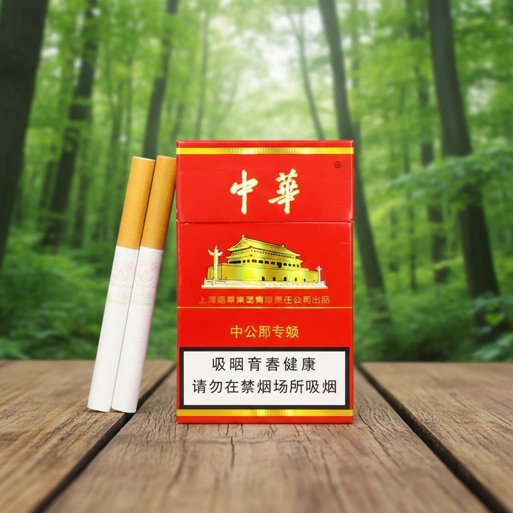 ซองบุหรี่ Chunghwa สีแดงทองสัญลักษณ์ประตูเทียนอันเหมิน วางบนโต๊ะไม้ฉากหลังเป็นป่าธรรมชาติ