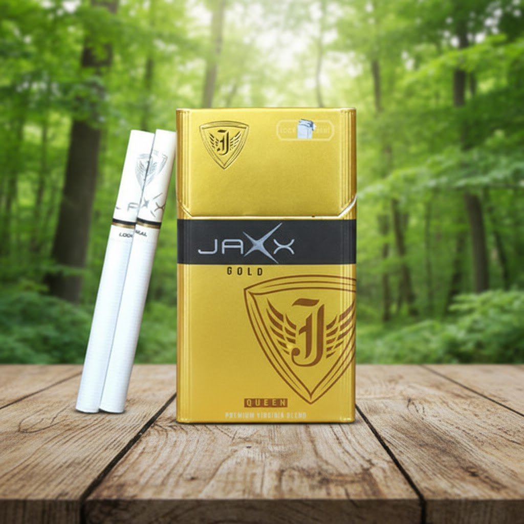 ซองบุหรี่ Jaxx Gold สีทองและมวนบุหรี่ วางบนโต๊ะไม้ท่ามกลางบรรยากาศสวนสีเขียว