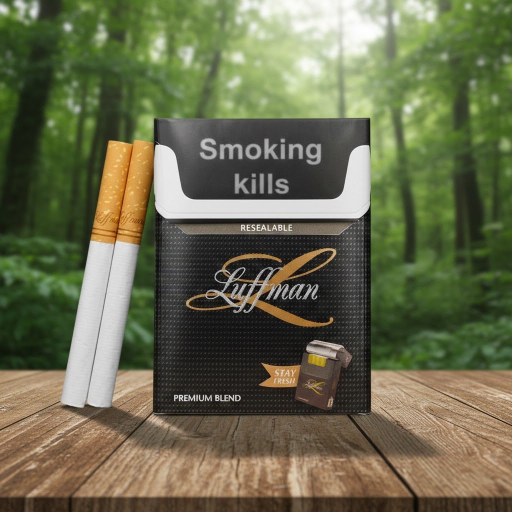 ซองบุหรี่ Luffman Premium Blend สีดำลายเคฟล่า และมวนบุหรี่ก้นกรองสีส้ม วางบนโต๊ะไม้ในสวน