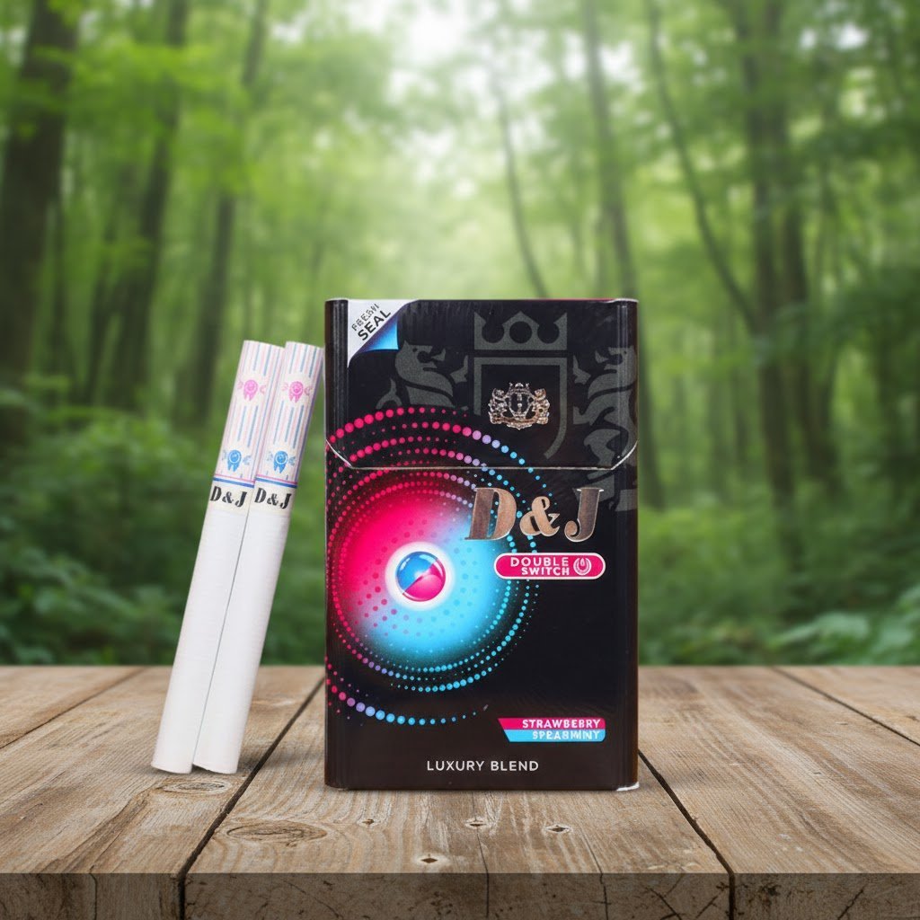 ซองบุหรี่ D&J Double Switch สีดำดีไซน์ล้ำสมัย พร้อมมวนบุหรี่ 2 เม็ดบีบ วางบนโต๊ะไม้ในบรรยากาศป่า