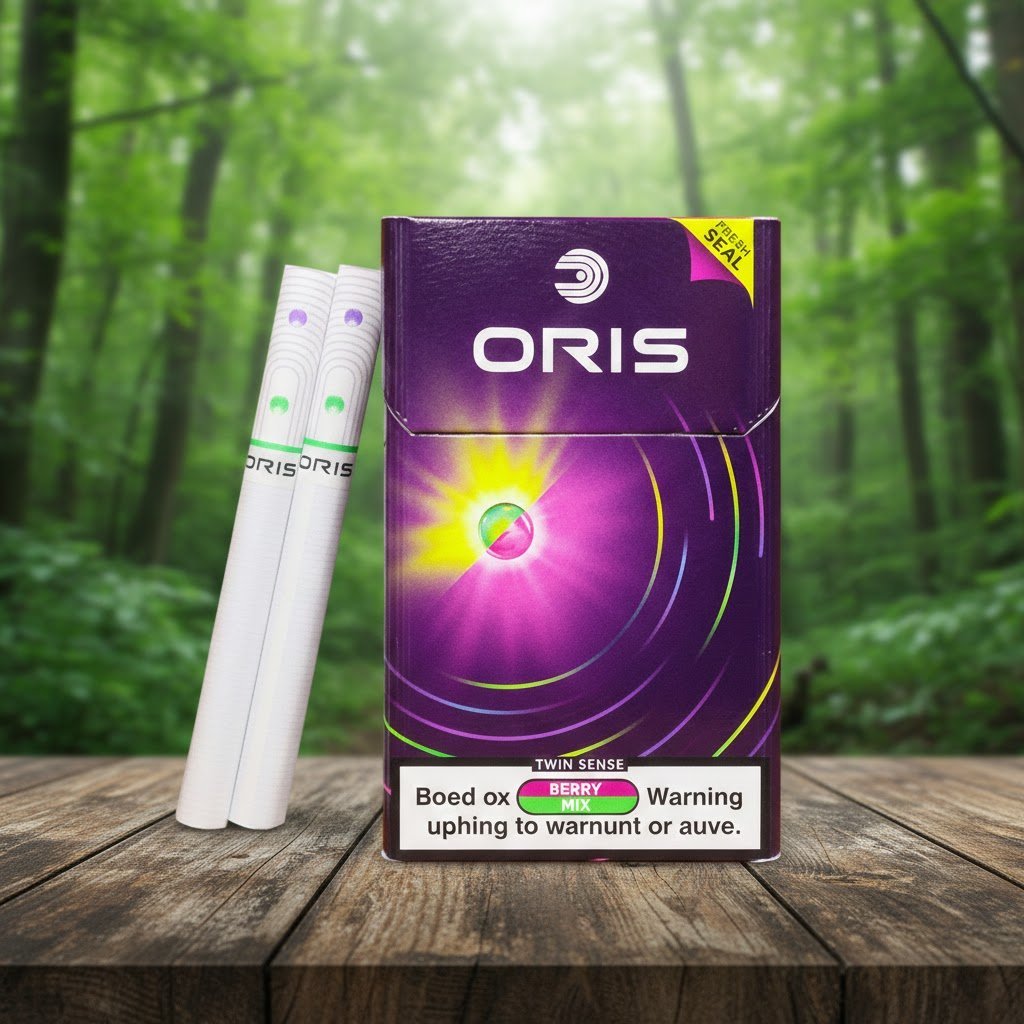 ซองบุหรี่ Oris Twin Sense Berry Mix สีม่วง พร้อมมวนบุหรี่ 2 มวน วางบนโต๊ะไม้ในสวนป่า