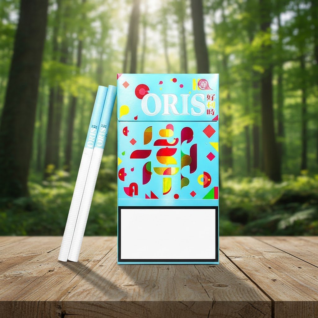 บุหรี่ Oris Chao Society Blue (CN) ซองสีฟ้า ลายกราฟิกสีสันสดใส มวนสลิม