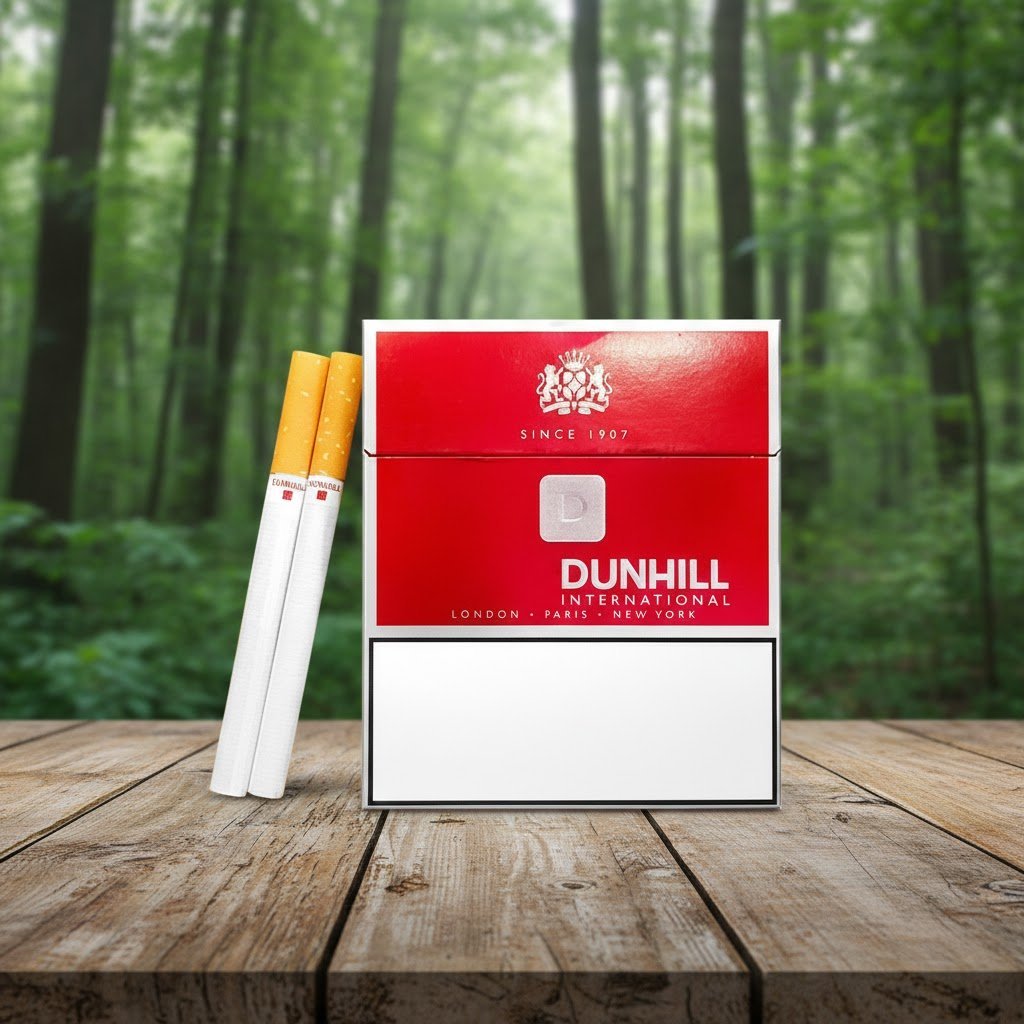 ซองบุหรี่ Dunhill International สีแดง ดีไซน์หรูหรา วางบนโต๊ะไม้ในบรรยากาศป่าสีเขียว
