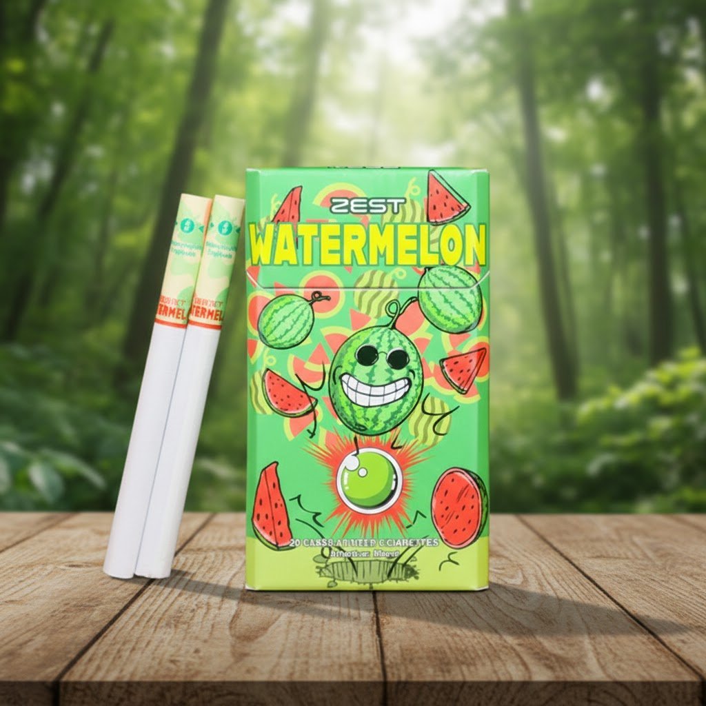 ซองบุหรี่ Zest Watermelon ลายกราฟิกแตงโมสีเขียวสดใส วางบนโต๊ะไม้ในบรรยากาศป่าธรรมชาติ