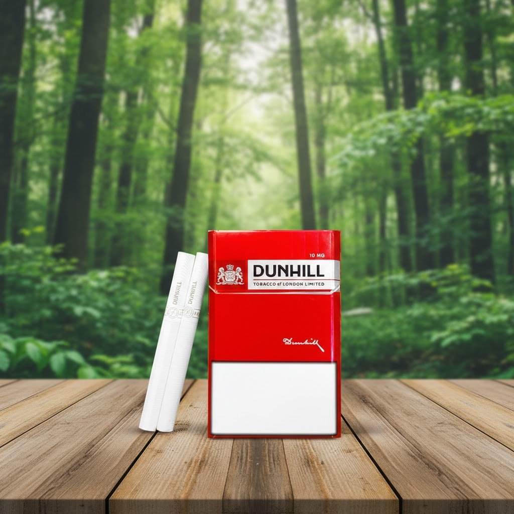 ซองบุหรี่ Dunhill Red 10mg สีแดงพรีเมียมวางบนโต๊ะไม้ พร้อมมวนบุหรี่ 2 มวน และพื้นหลังป่าธรรมชาติ