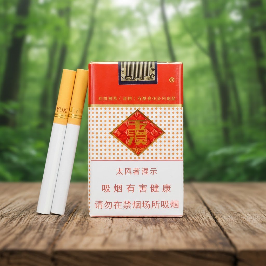 บุหรี่ Yuxi แบบซองอ่อนสีแดงสลับขาว ดีไซน์คลาสสิก วางบนโต๊ะไม้พร้อมมวนบุหรี่ ฉากหลังเป็นป่าธรรมชาติ