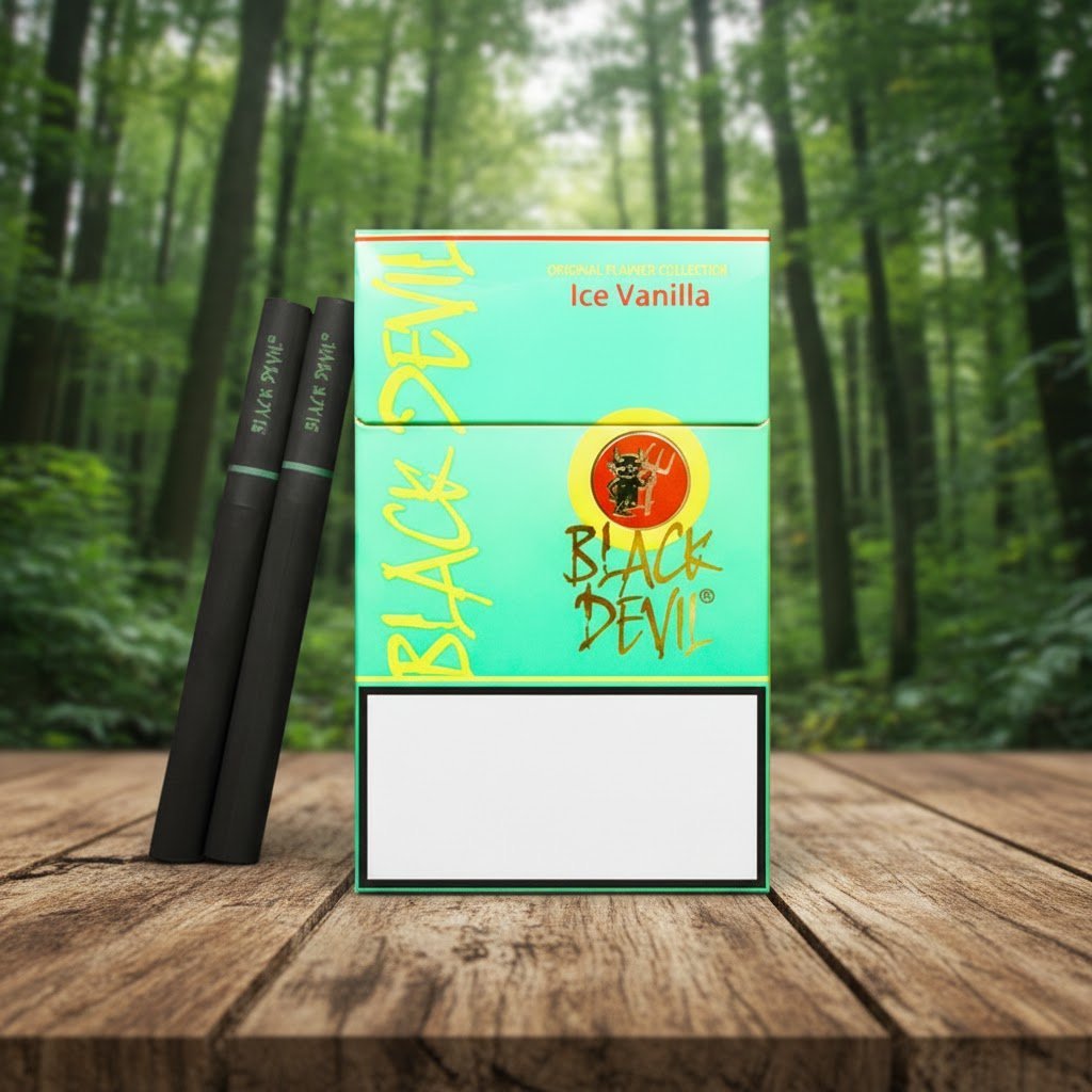 ซองบุหรี่ Black Devil Ice Vanilla วางบนโต๊ะไม้ในสวนป่า บรรยากาศธรรมชาติ