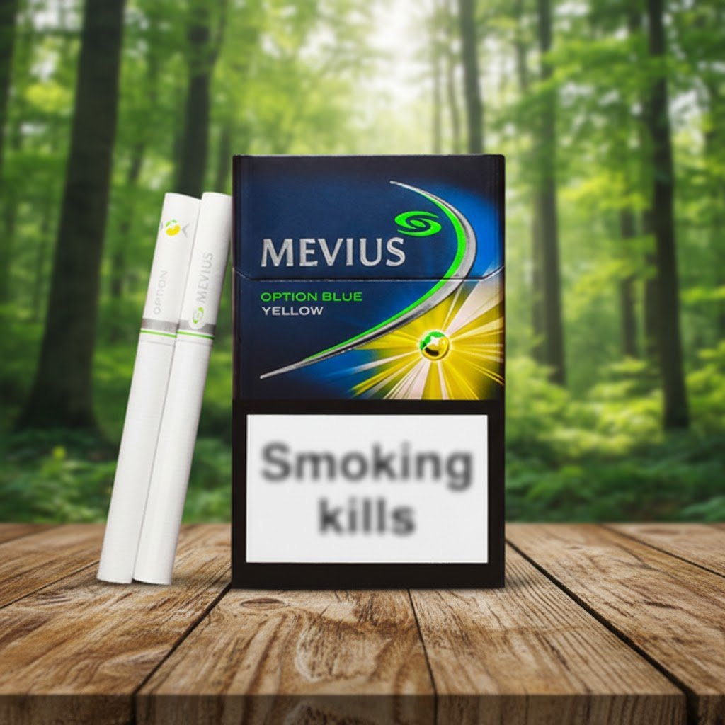 ซองบุหรี่ Mevius Option Blue Yellow สีน้ำเงินดีไซน์พรีเมียม วางบนโต๊ะไม้กลางป่าธรรมชาติ