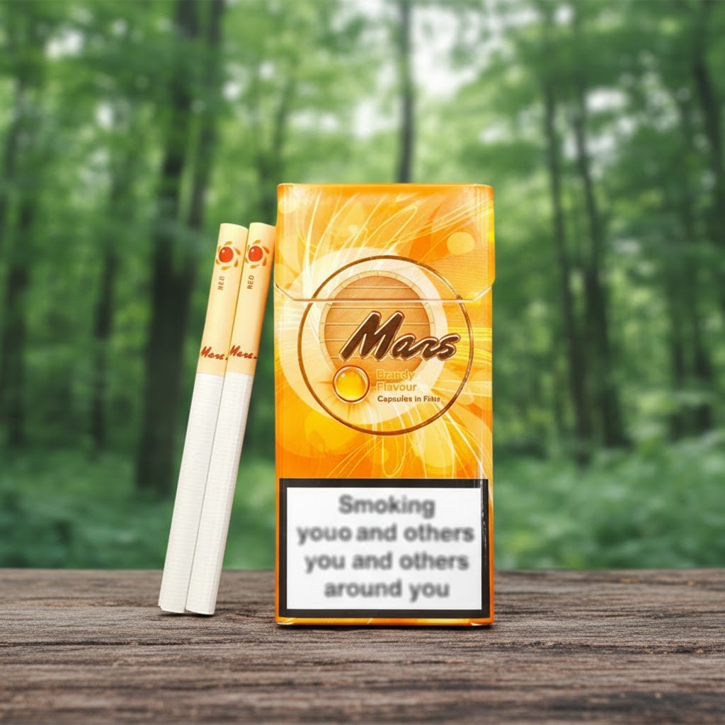 ซองบุหรี่ Mars Brandy และมวนบุหรี่ วางบนโต๊ะไม้ฉากหลังเป็นป่าธรรมชาติ