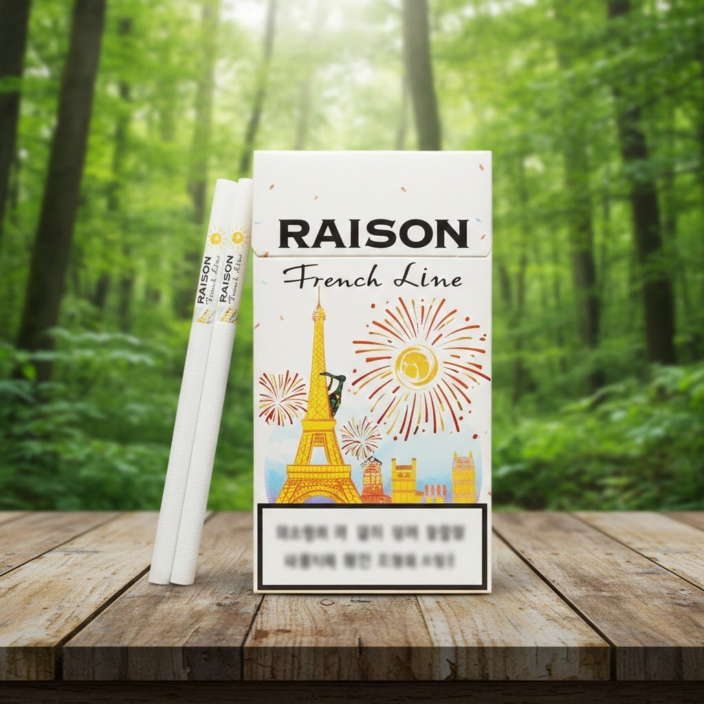 ซองบุหรี่ Raison French Line White ดีไซน์หอไอเฟลและมวนบุหรี่สลิมวางบนโต๊ะไม้ฉากหลังป่า