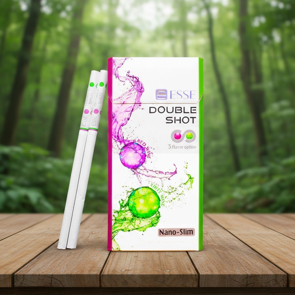 ซองบุหรี่ ESSE Double Shot และมวนบุหรี่ขนาด Nano-Slim วางบนโต๊ะไม้ฉากหลังป่าสีเขียว