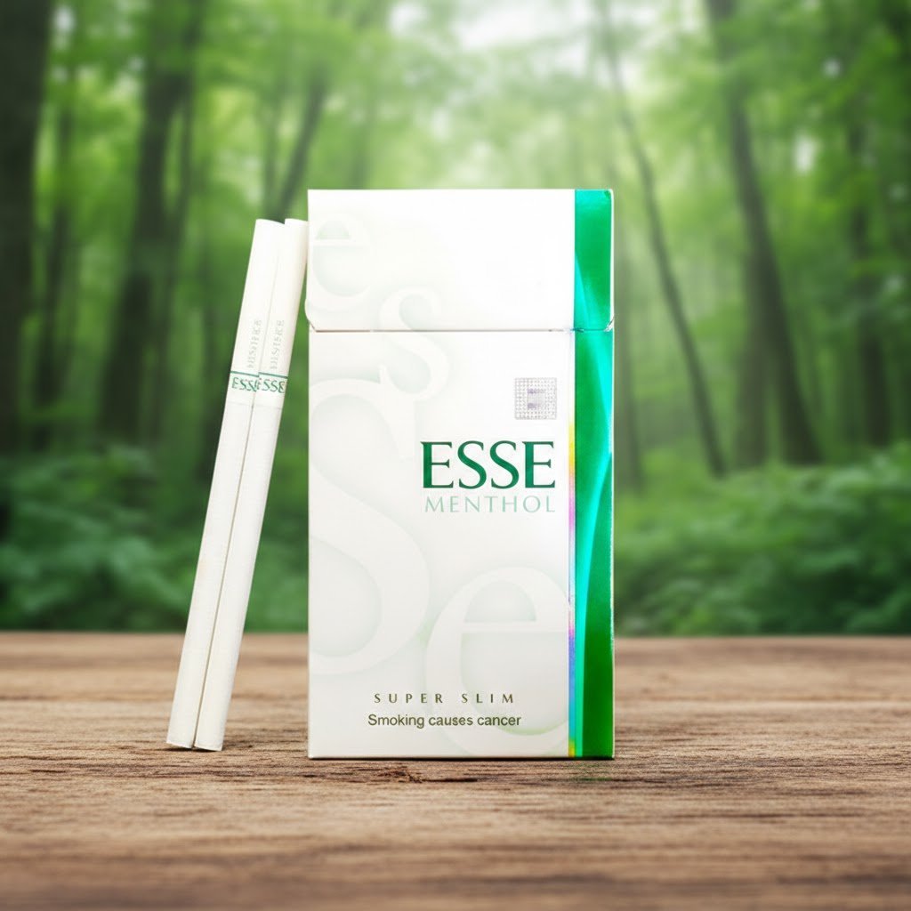 ซองบุหรี่ ESSE Menthol Super Slim และมวนบุหรี่ วางบนโต๊ะไม้ฉากหลังป่าสีเขียว