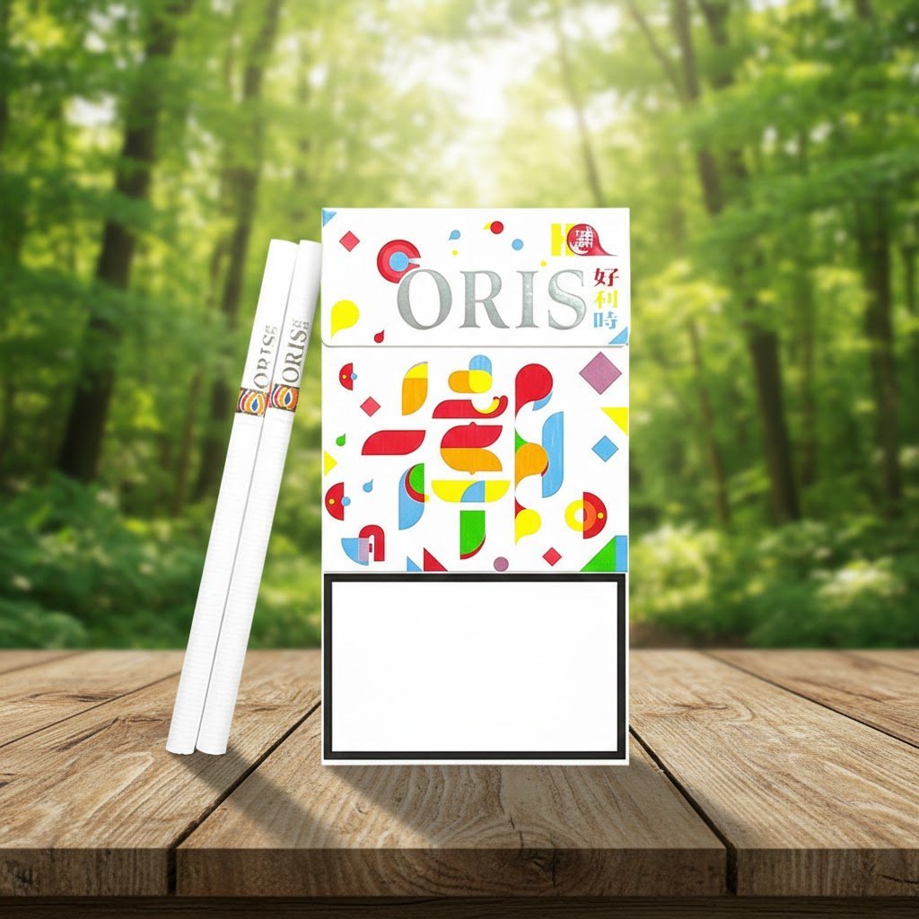 ซองบุหรี่ Oris Chao Society White ลวดลายกราฟิกสีสันสดใสบนพื้นขาว พร้อมมวนบุหรี่สลิม วางบนโต๊ะไม้กลางป่า