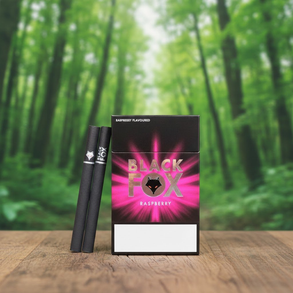 ซองบุหรี่ Black Fox Raspberry สีดำชมพู วางคู่กับมวนบุหรี่บนโต๊ะไม้ ฉากหลังเป็นป่าธรรมชาติ