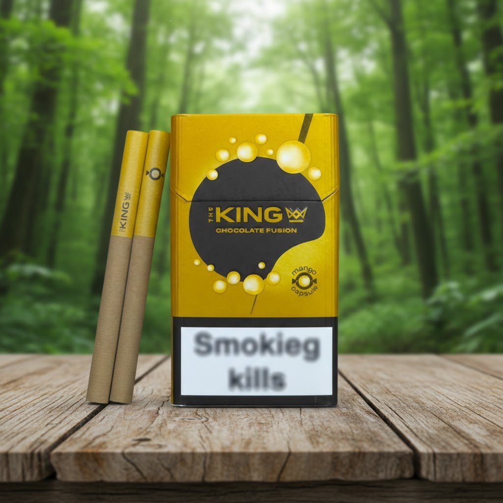 ซองบุหรี่ The King Mango สีทองตัดดำ วางคู่กับมวนบุหรี่บนโต๊ะไม้กลางป่า