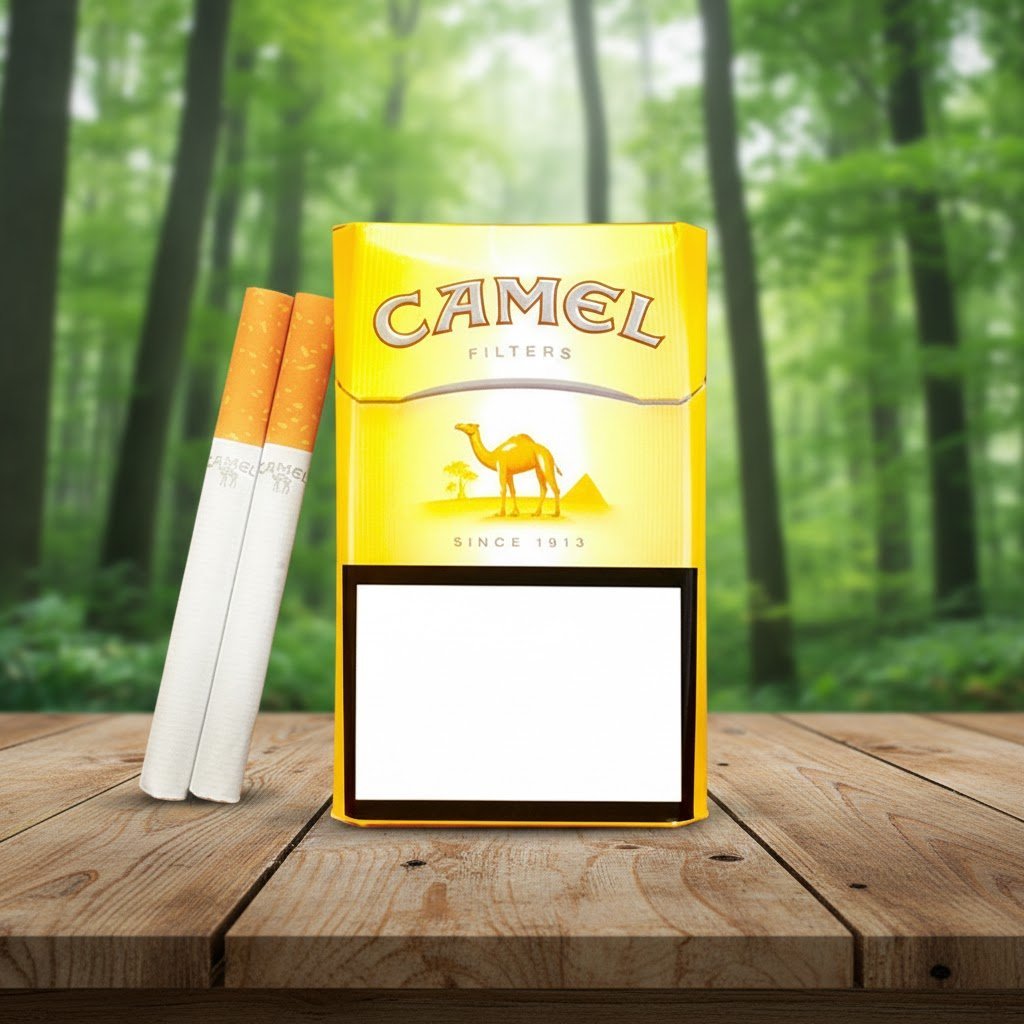 ซองบุหรี่ Camel Yellow สีเหลืองคลาสสิกรูปอูฐ วางบนโต๊ะไม้ฉากหลังป่าธรรมชาติสีเขียว