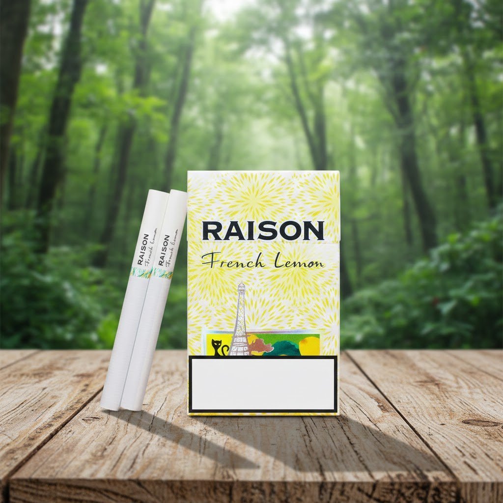 ซองบุหรี่ Raison French Lemon วางบนโต๊ะไม้ในบรรยากาศป่า แสดงให้เห็นตัวมวนและดีไซน์ซองสีเหลืองขาว