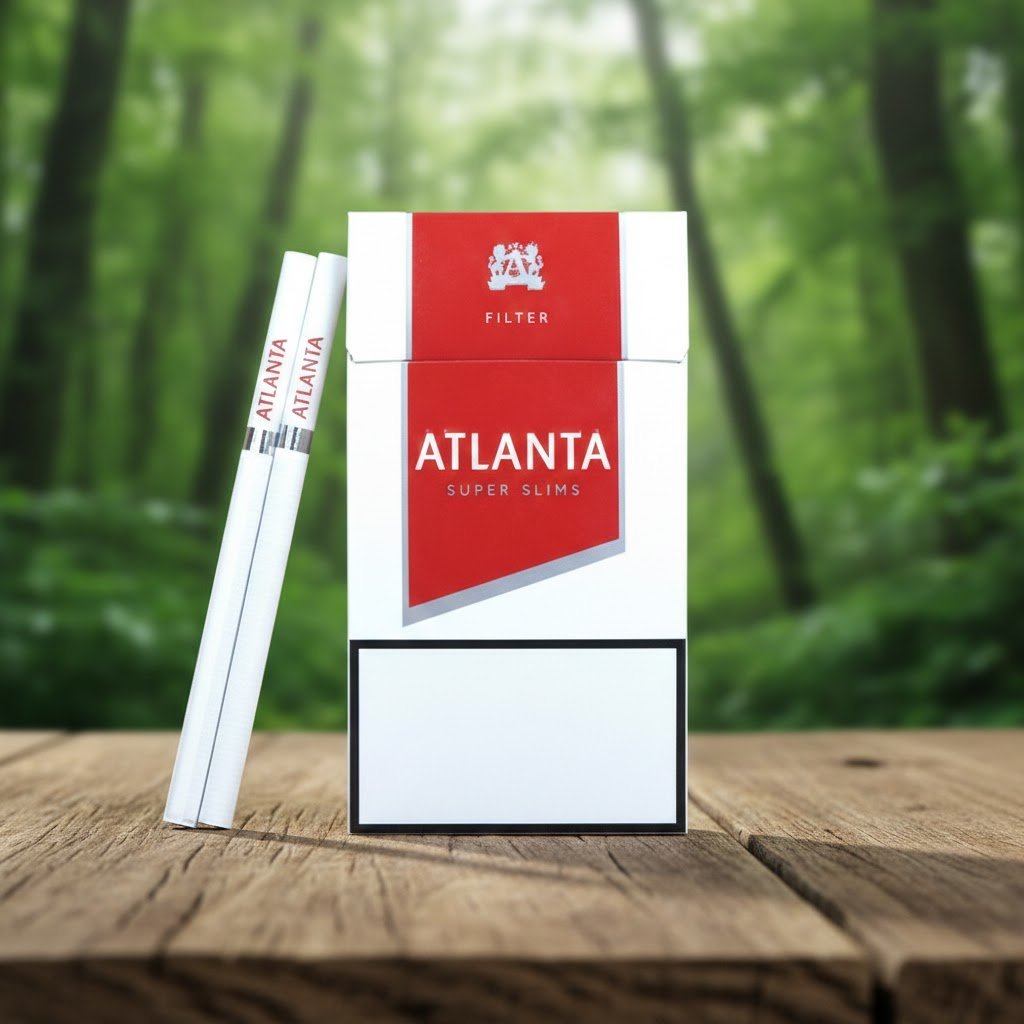 ซองบุหรี่ Atlanta Super Slims Red สีแดงขาว วางคู่กับมวนบุหรี่แบบสลิมบนพื้นไม้ ฉากหลังเป็นป่าสีเขียว