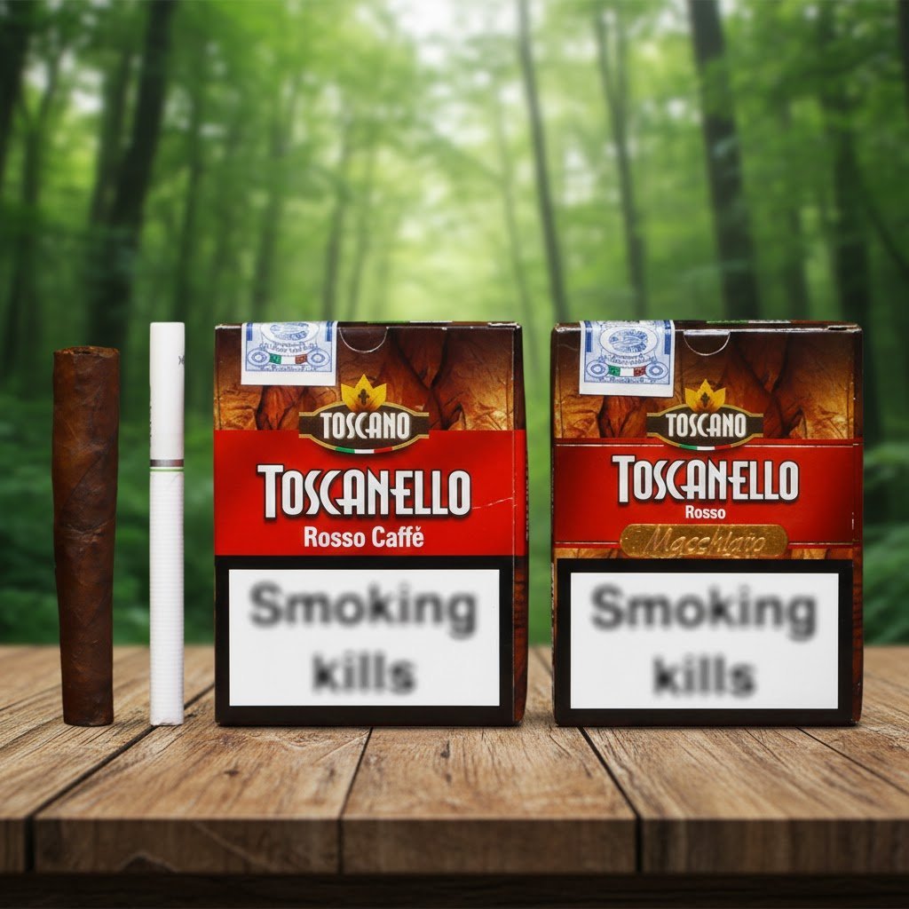 ซิก้าร์ Toscanello สูตร Rosso Caffè และ Rosso Macchiato วางบนโต๊ะไม้ บรรยากาศป่าธรรมชาติ