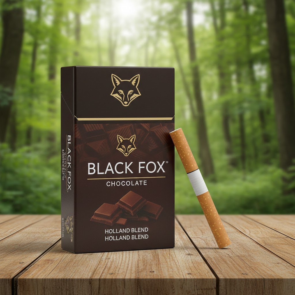 บุหรี่ Black Fox Chocolate กล่องสีน้ำตาลลายช็อกโกแลตและรูปสุนัขจิ้งจอก วางบนโต๊ะไม้