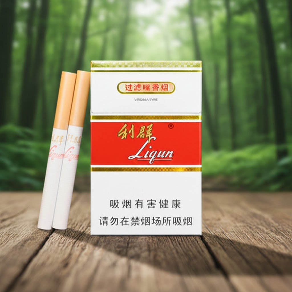 ซองบุหรี่ Liqun Red Hard และมวนบุหรี่วางคู่กันบนโต๊ะไม้ ฉากหลังเป็นป่าสีเขียวแบบหน้าชัดหลังเบลอ