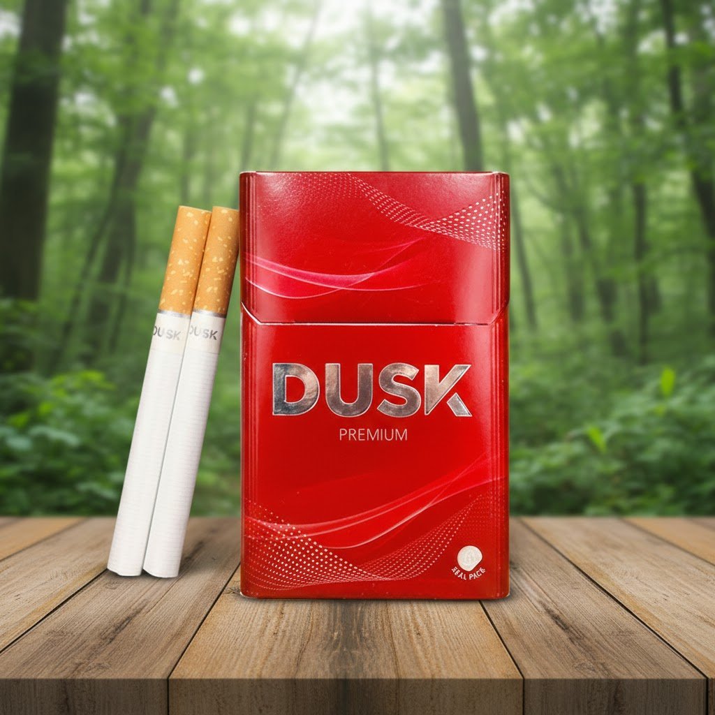 ซองบุหรี่ Dusk Premium สีแดงวางบนโต๊ะไม้ในบรรยากาศสวนป่าสีเขียว