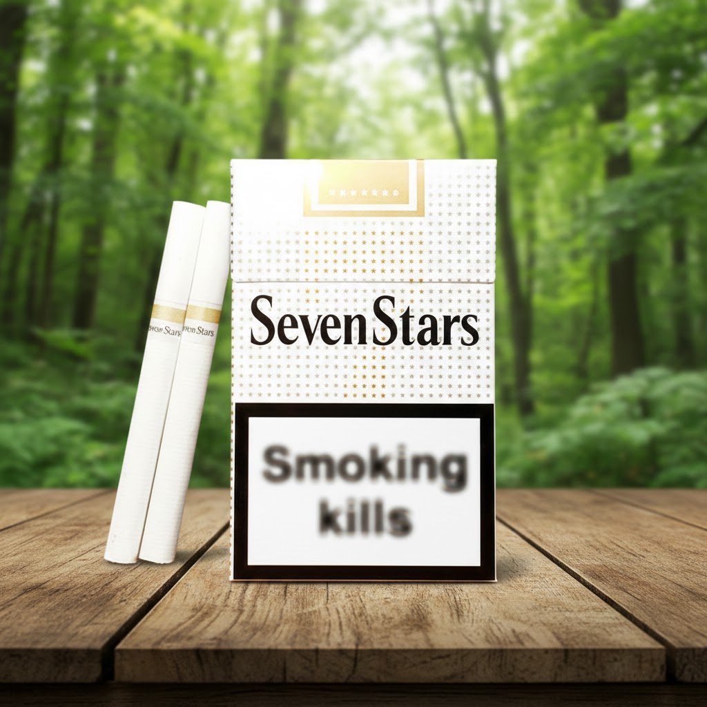 ซองบุหรี่ Sevenstars สีขาวลายจุดทองวางบนโต๊ะไม้ฉากหลังป่าไม้ธรรมชาติ