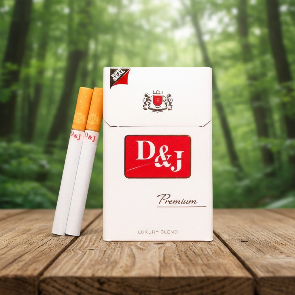 ซองบุหรี่ D&J Premium สีขาวแดงดีไซน์คลาสสิกวางบนโต๊ะไม้ฉากหลังป่าไม้ธรรมชาติ