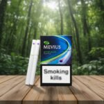 ซองบุหรี่ Mevius Option Blue Purple กลิ่นองุ่น พร้อมมวนบุหรี่ วางบนโต๊ะไม้ท่ามกลางบรรยากาศป่าเขียวขจี