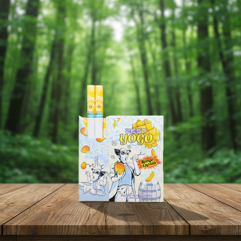 ซองบุหรี่ Zest Yogo Mango กลิ่นโยเกิร์ตมะม่วง พร้อมมวนบุหรี่ วางบนโต๊ะไม้ในบรรยากาศสวนป่าสีเขียว