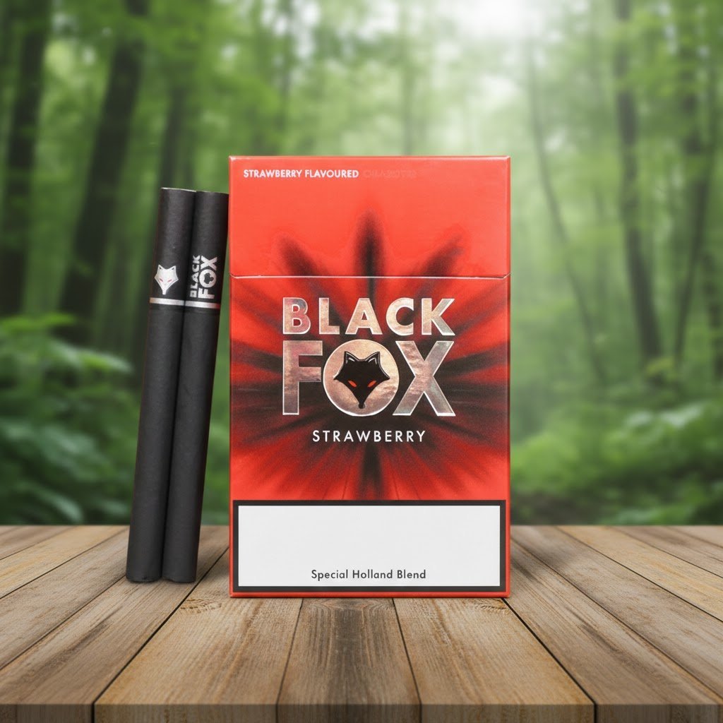 ซองบุหรี่ Black Fox Strawberry วางคู่กับมวนบุหรี่สีดำบนโต๊ะไม้ ฉากหลังเป็นป่าธรรมชาติ