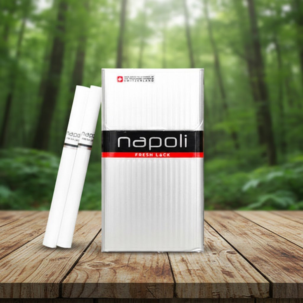 ซองบุหรี่ Napoli Silver สีขาวเงินสไตล์พรีเมียม วางบนโต๊ะไม้ฉากหลังเป็นป่าธรรมชาติ