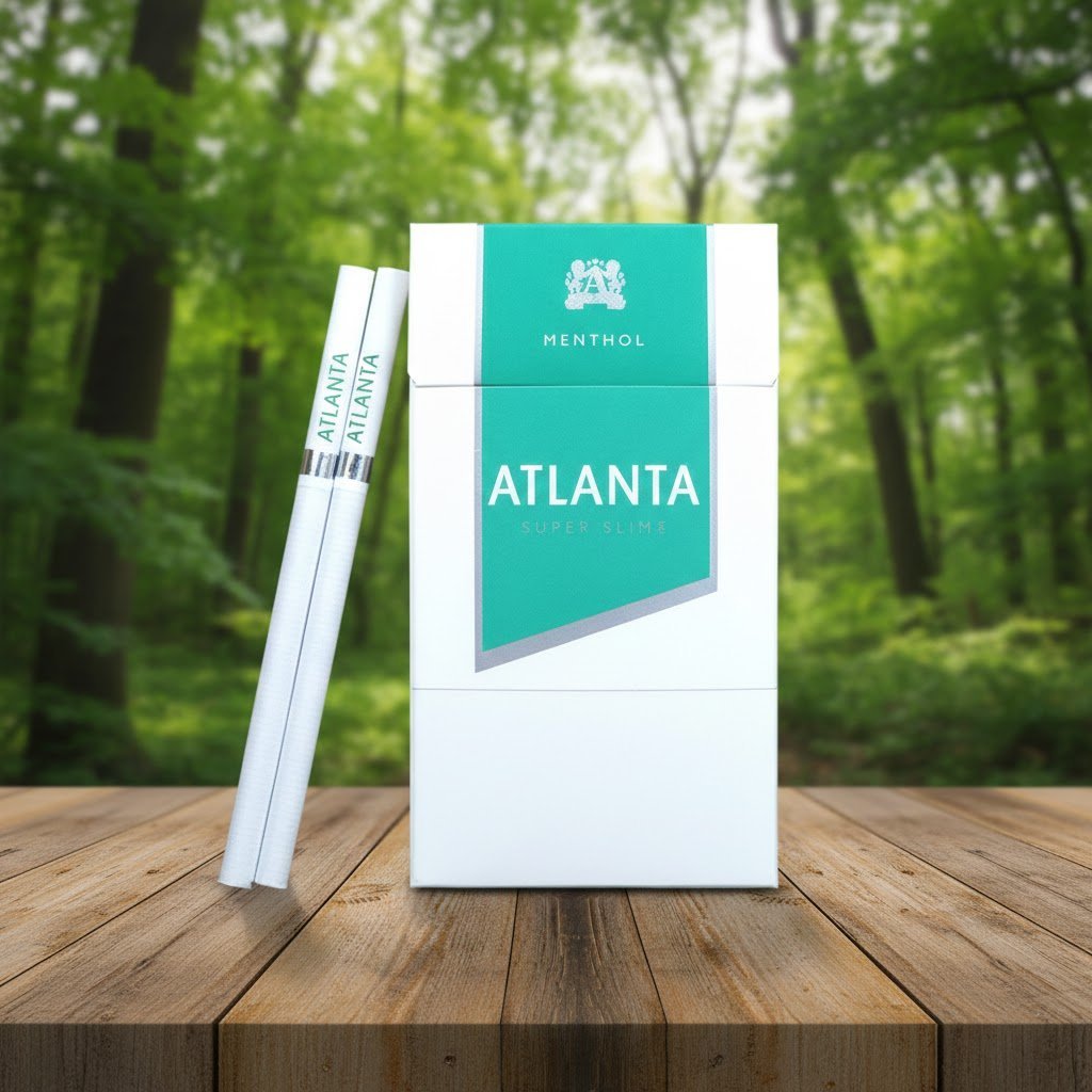 ซองบุหรี่ Atlanta Green Super Slim สีขาวคาดแถบสีเขียวพาสเทล วางบนโต๊ะไม้ฉากหลังป่าไม้ธรรมชาติ