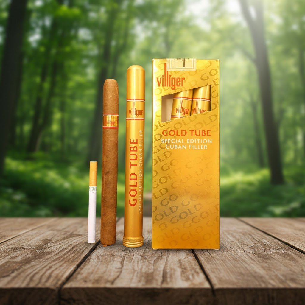 ซิการ์ Villiger Gold Tube สีทองหรูหรา พร้อมหลอดอลูมิเนียมและกล่องสีทอง วางบนโต๊ะไม้ฉากหลังป่า