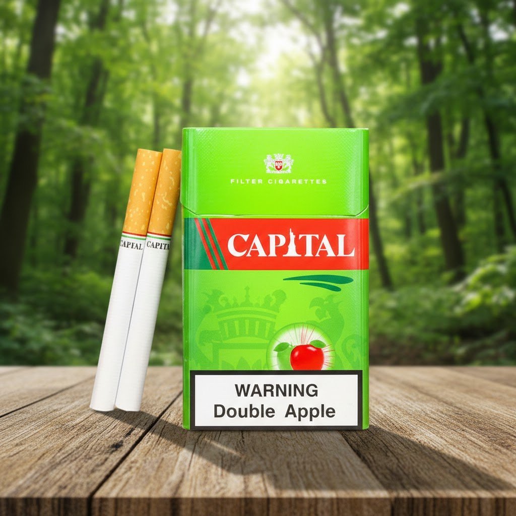 ซองบุหรี่ Capital Double Apple สีเขียวสดใสพร้อมรูปแอปเปิ้ล วางบนโต๊ะไม้ฉากหลังป่าไม้ธรรมชาติ