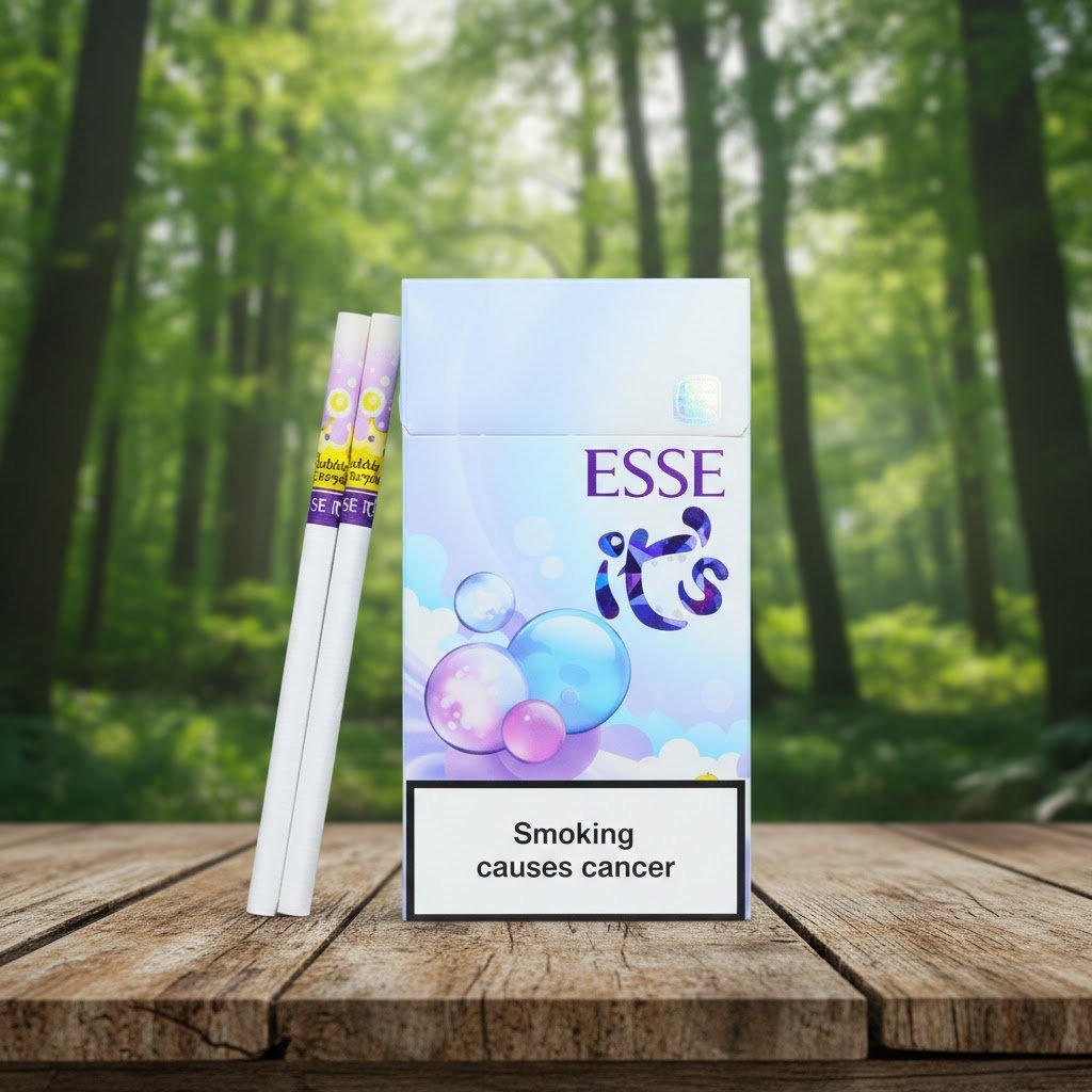 ซองบุหรี่ Esse Bubble Purple สีฟ้าขาวลายฟองสบู่สดใส วางคู่กับมวนบุหรี่สลิมบนโต๊ะไม้ ฉากหลังป่าไม้สีเขียว