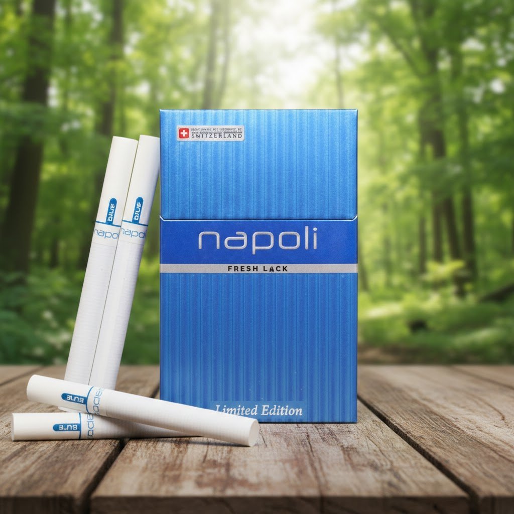 ซองบุหรี่ Napoli Blue Limited Edition สีน้ำเงินลายเส้นตั้งสวยงาม วางบนโต๊ะไม้ฉากหลังป่าไม้ธรรมชาติ