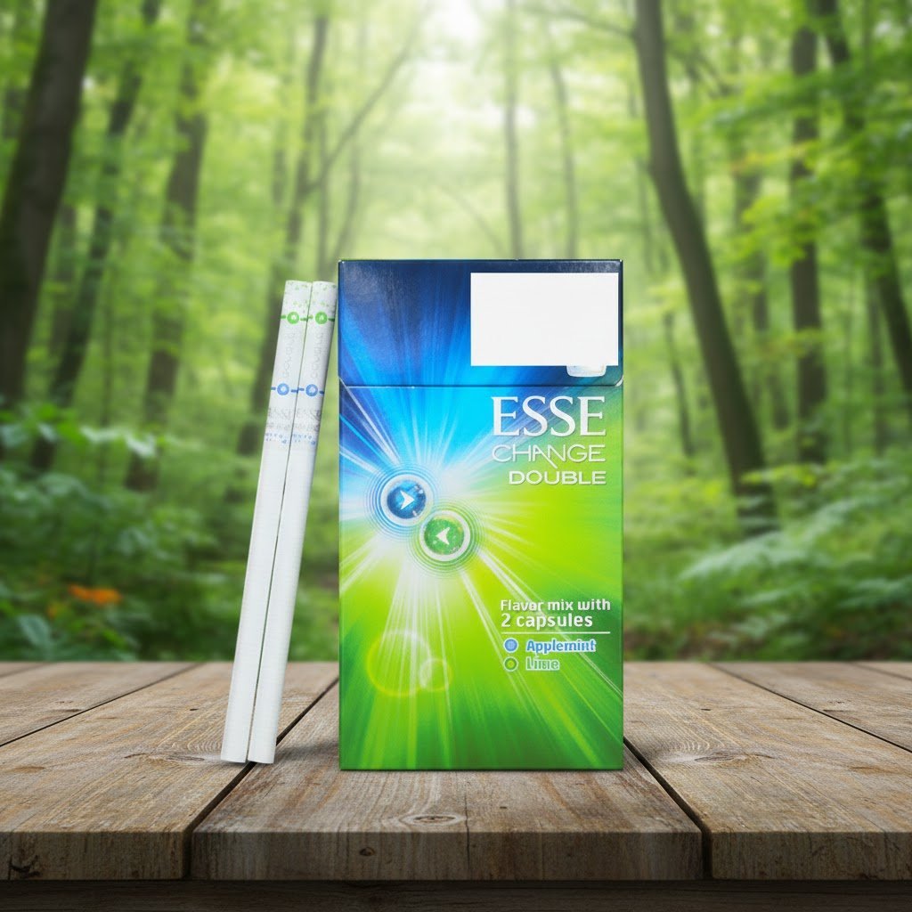 ซองบุหรี่ ESSE Change Double Lime สีเขียวสดใสไล่เฉดสี พร้อมมวนบุหรี่สลิม 2 เม็ดบีบ วางบนโต๊ะไม้ฉากหลังป่า