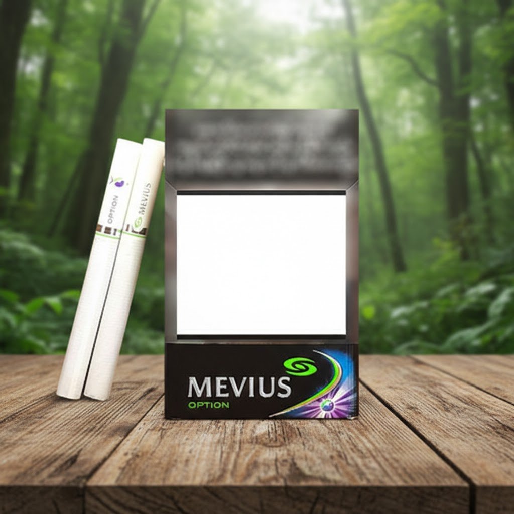 ซองบุหรี่ Mevius Option สีดำพรีเมียมพร้อมลายกราฟิกสีม่วงและเขียว วางบนโต๊ะไม้ฉากหลังป่า