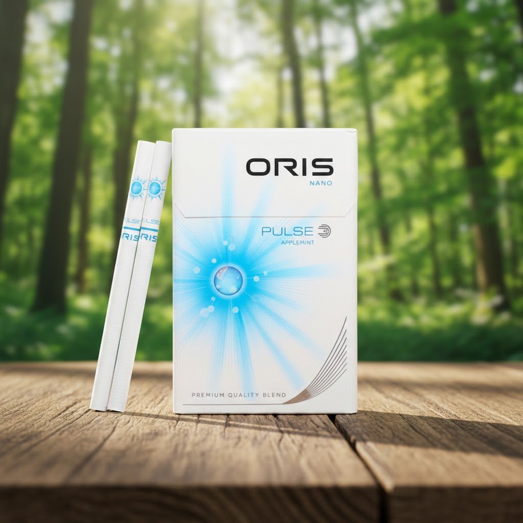 ซองบุหรี่ Oris Nano Pulse Apple Mint สีขาวดีไซน์ทันสมัย ลายรัศมีสีฟ้าสดใส วางบนโต๊ะไม้ฉากหลังป่า