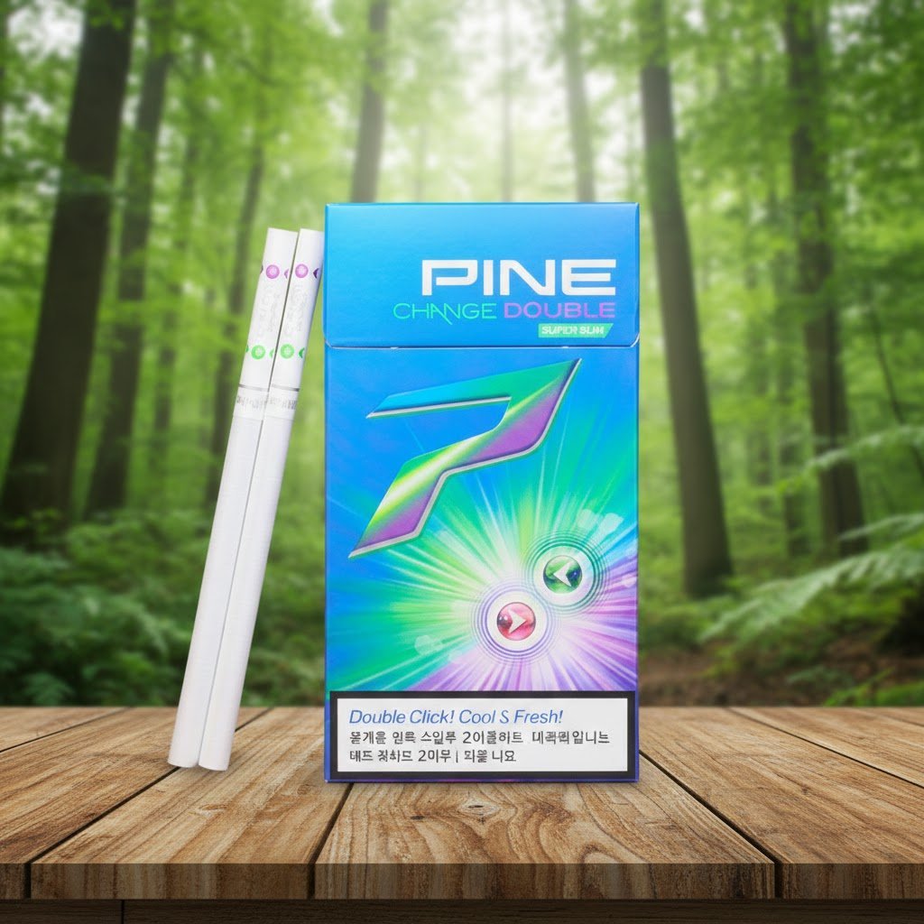 ซองบุหรี่ Pine Change Double Purple สีฟ้าสดใสพร้อมสัญลักษณ์ตัว P ขนาดใหญ่และมวนสลิม วางบนโต๊ะไม้ฉากหลังป่า