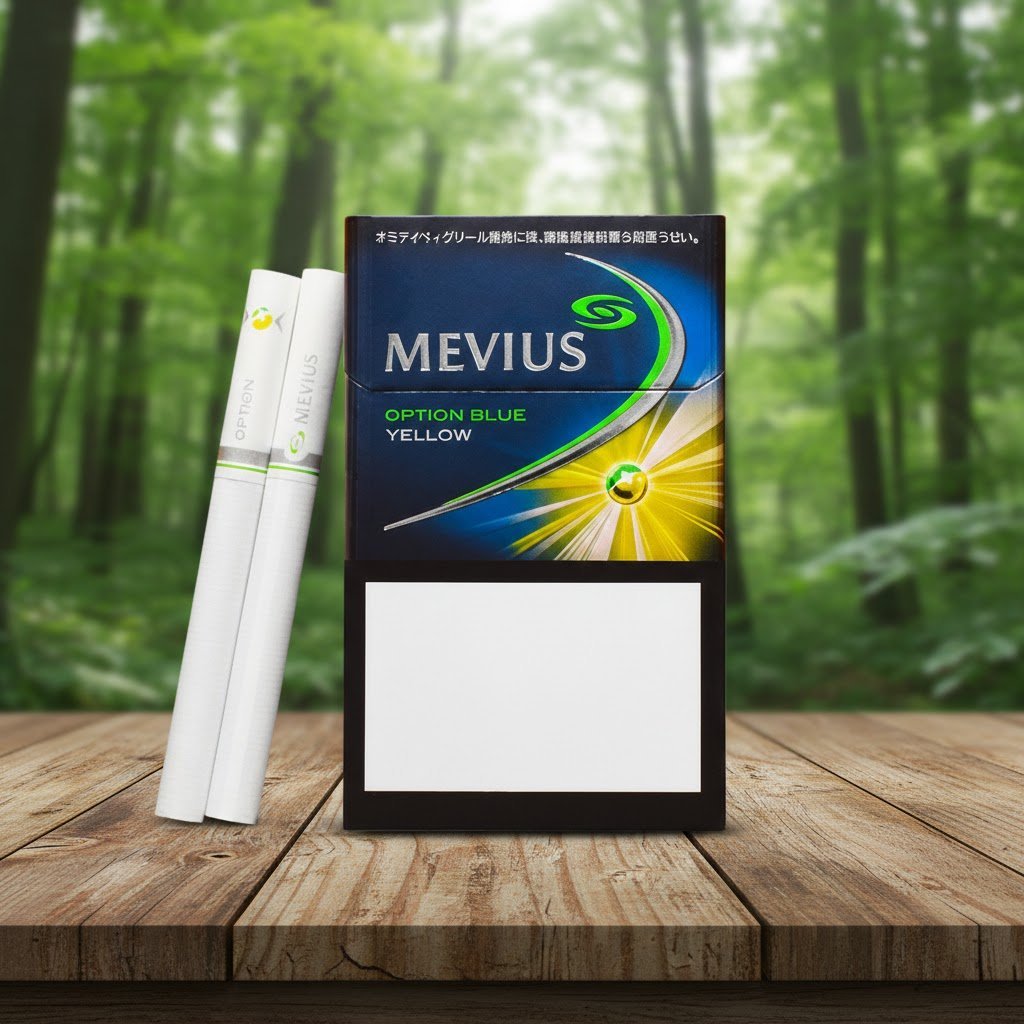 ซองบุหรี่ Mevius Option Blue Yellow สีน้ำเงินเข้มดีไซน์พรีเมียมพร้อมสัญลักษณ์เม็ดบีบเลมอนสีเหลือง วางบนโต๊ะไม้ฉากหลังป่า