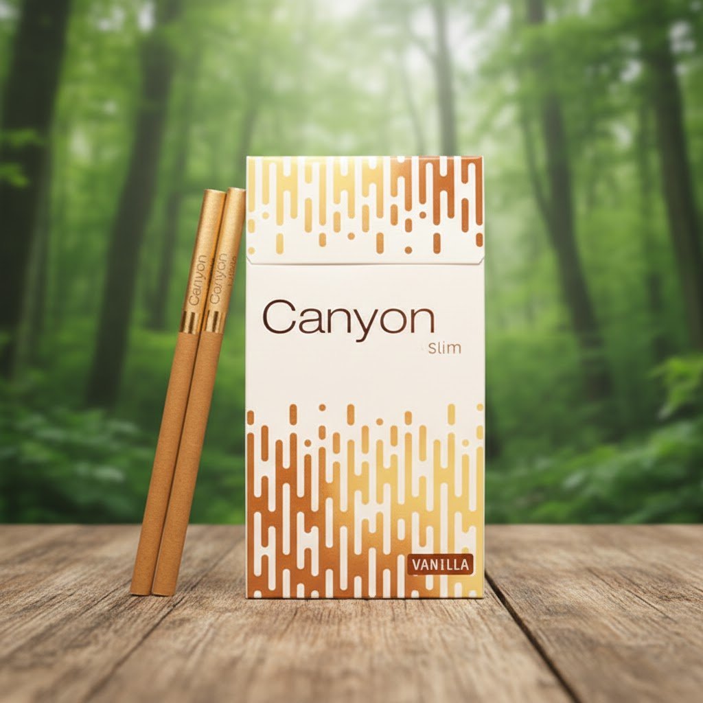 ซองบุหรี่ Canyon Slim Vanilla สีครีมสลับลวดลายสีน้ำตาลทอง พร้อมมวนสลิมสีน้ำตาล วางบนโต๊ะไม้ฉากหลังป่าไม้ธรรมชาติ