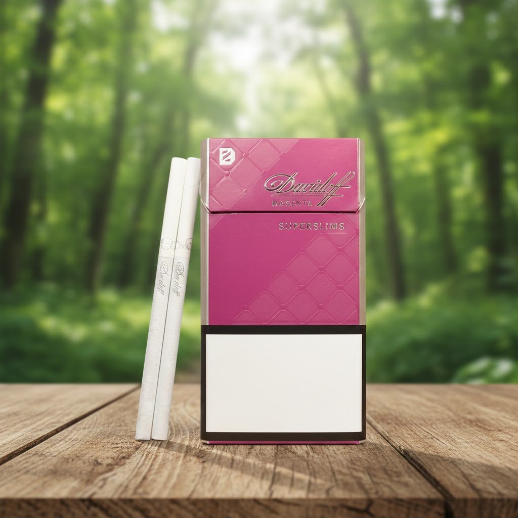 ซองบุหรี่ Davidoff Magenta สีชมพูมาเจนต้าดีไซน์หรูหราลายหนัง พร้อมมวนซุปเปอร์สลิมสีขาววางบนโต๊ะไม้ฉากหลังป่า