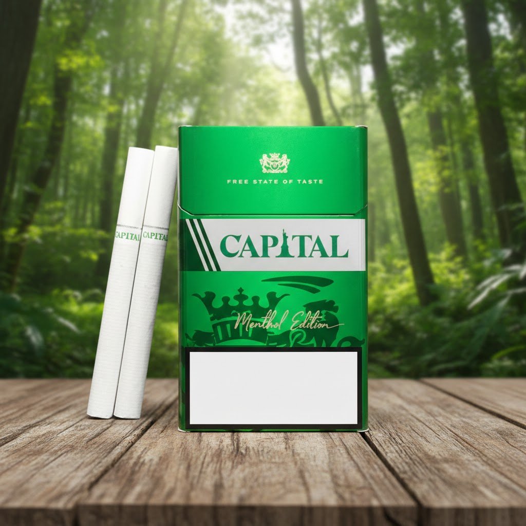 ซองบุหรี่ Capital Menthol Edition สีเขียว วางบนโต๊ะไม้ในบรรยากาศป่าธรรมชาติ